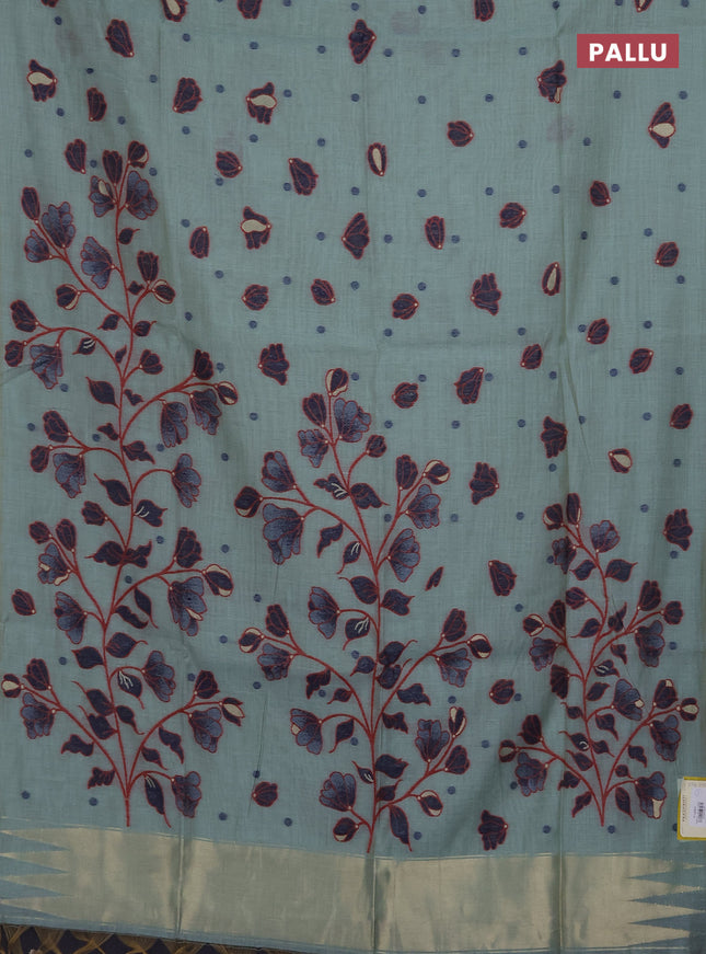 Munga cotton saree pastel green and navy blue with thread woven floral buttas in borderless style