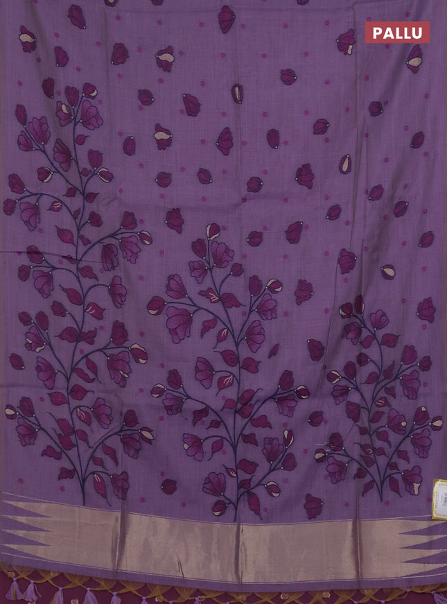 Munga cotton saree lavender and purple with thread woven floral buttas in borderless style