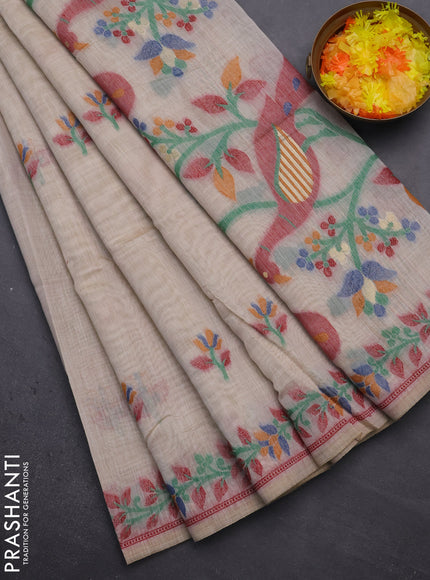Munga cotton saree beige and green with thread woven floral buttas and thread weaving pallu