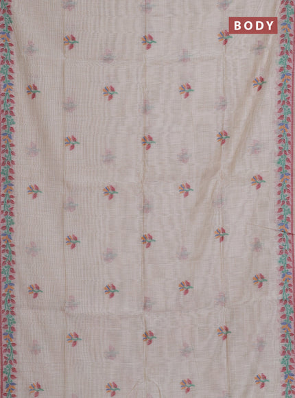 Munga cotton saree beige and green with thread woven floral buttas and thread weaving pallu
