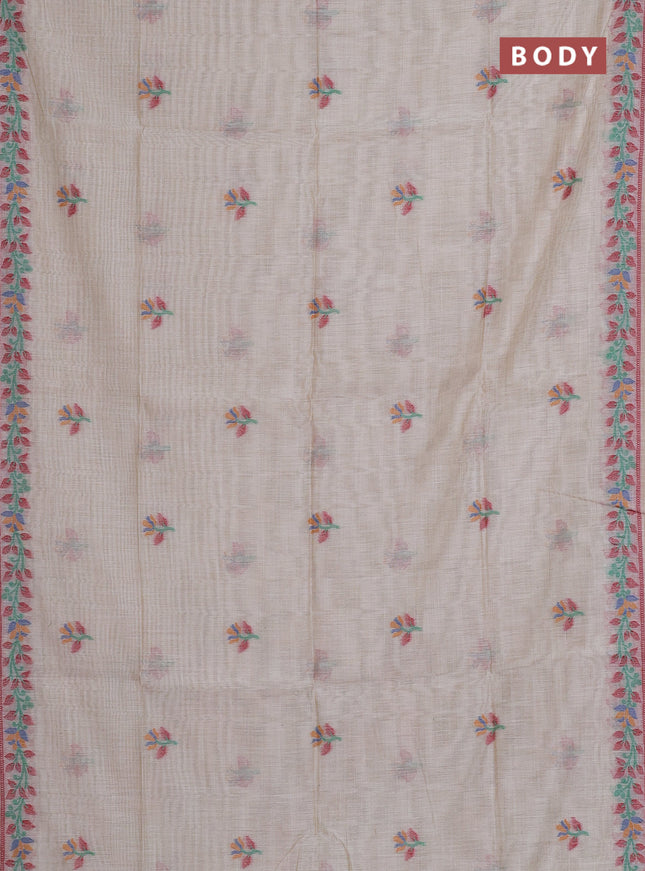 Munga cotton saree beige and green with thread woven floral buttas and thread weaving pallu