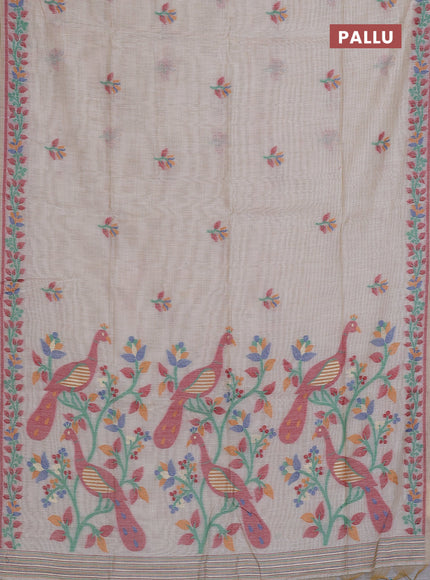 Munga cotton saree beige and green with thread woven floral buttas and thread weaving pallu