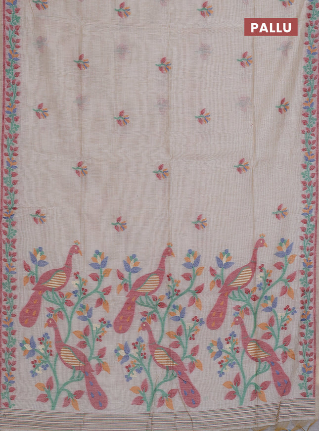 Munga cotton saree beige and green with thread woven floral buttas and thread weaving pallu