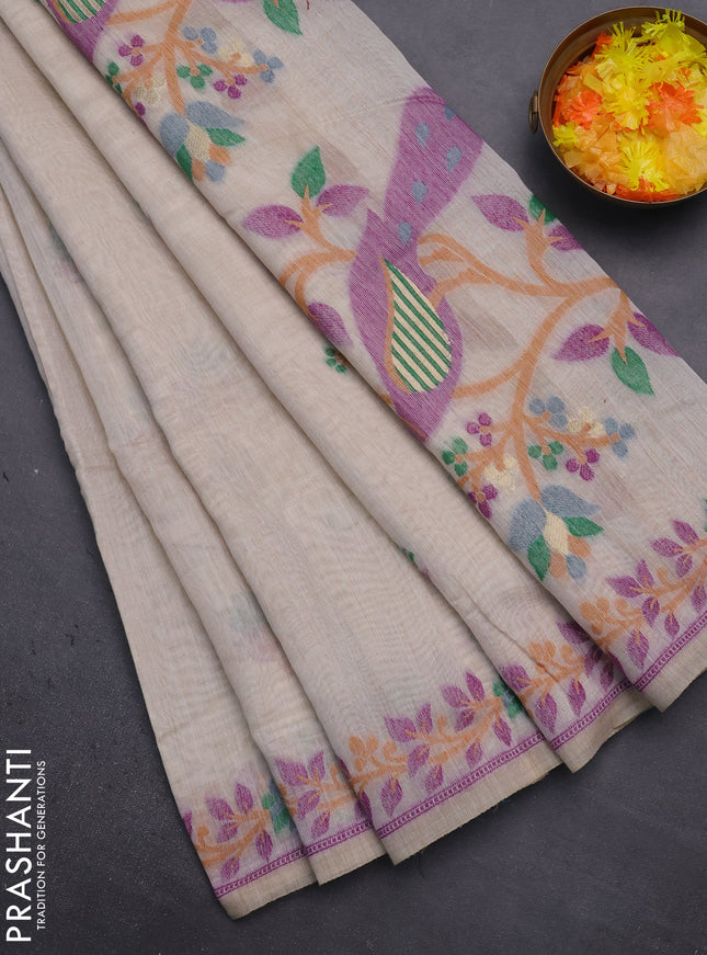 Munga cotton saree beige and purple with thread woven floral buttas and thread weaving pallu