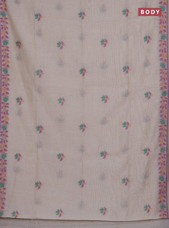 Munga cotton saree beige and purple with thread woven floral buttas and thread weaving pallu