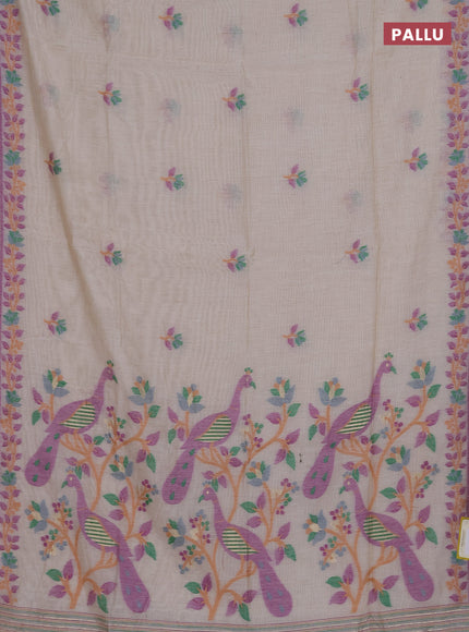 Munga cotton saree beige and purple with thread woven floral buttas and thread weaving pallu
