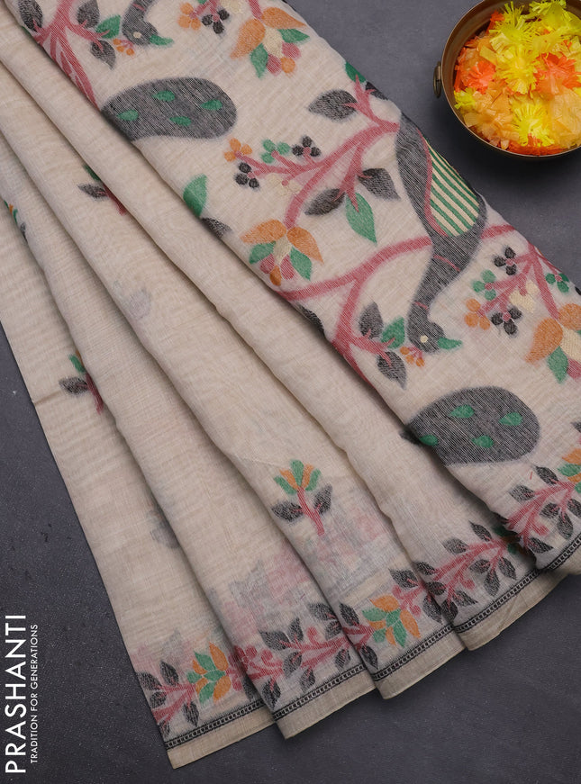 Munga cotton saree beige and maroon with thread woven floral buttas and thread weaving pallu