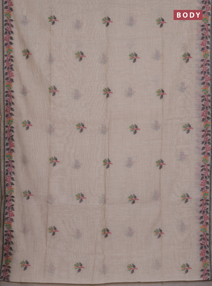 Munga cotton saree beige and maroon with thread woven floral buttas and thread weaving pallu