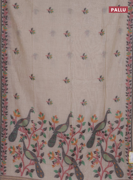 Munga cotton saree beige and maroon with thread woven floral buttas and thread weaving pallu