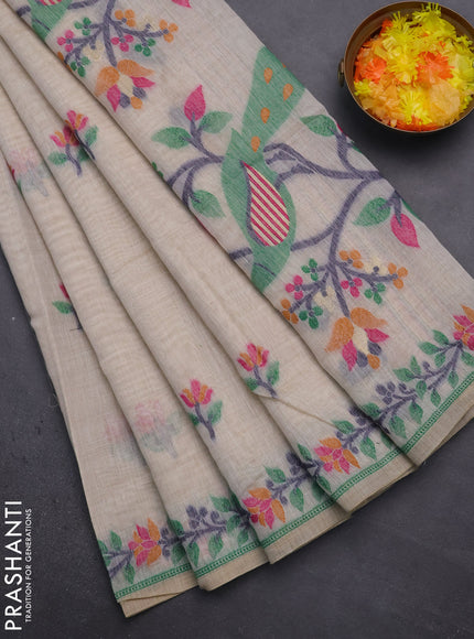 Munga cotton saree beige and green with thread woven floral buttas and thread weaving pallu