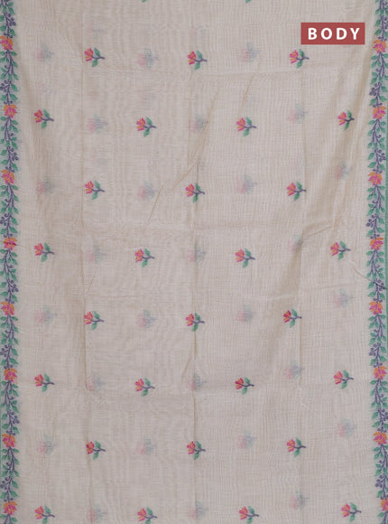 Munga cotton saree beige and green with thread woven floral buttas and thread weaving pallu