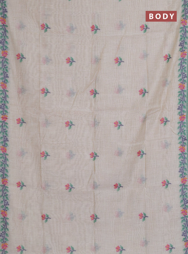 Munga cotton saree beige and green with thread woven floral buttas and thread weaving pallu