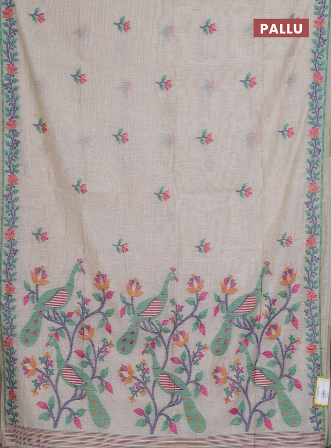 Munga cotton saree beige and green with thread woven floral buttas and thread weaving pallu