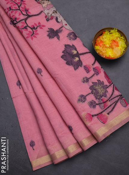 Munga cotton saree peach pink with thread woven floral buttas and pichwai weaving pallu
