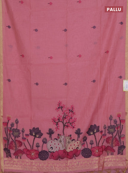 Munga cotton saree peach pink with thread woven floral buttas and pichwai weaving pallu