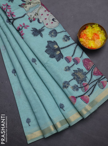Munga cotton saree teal blue with thread woven floral buttas and pichwai weaving pallu