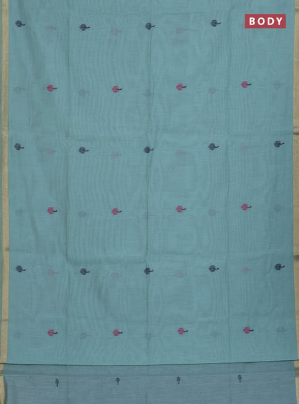Munga cotton saree teal blue with thread woven floral buttas and pichwai weaving pallu