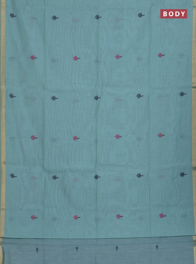Munga cotton saree teal blue with thread woven floral buttas and pichwai weaving pallu