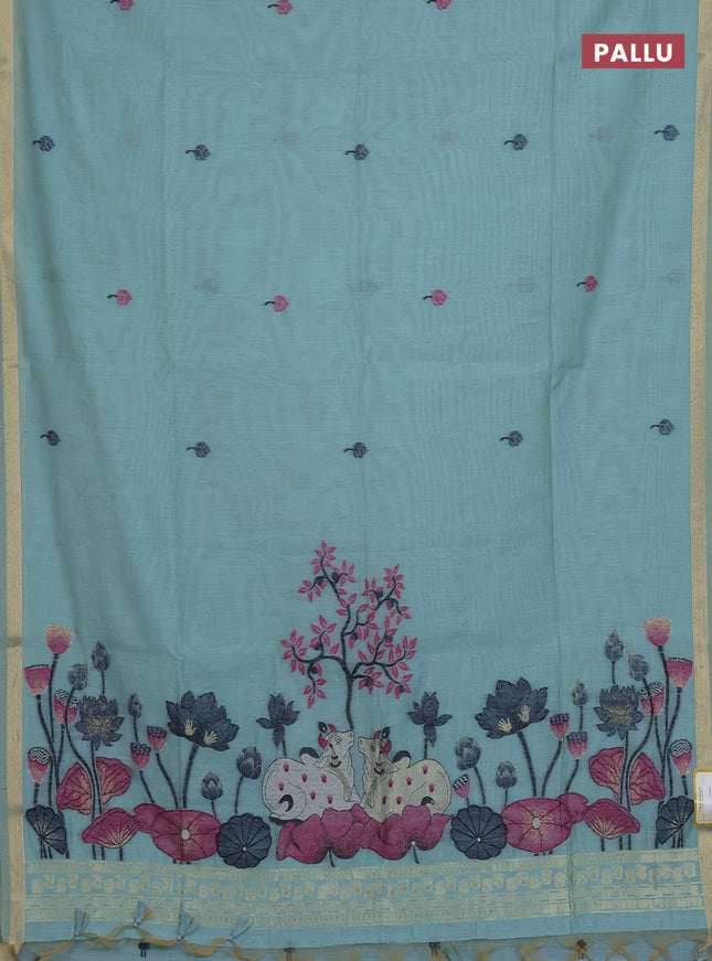 Munga cotton saree teal blue with thread woven floral buttas and pichwai weaving pallu