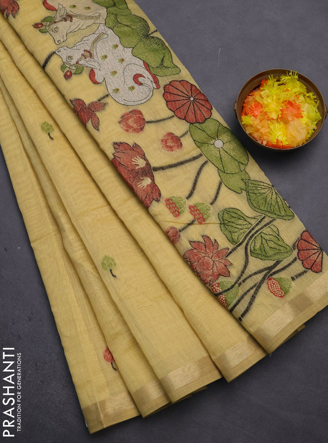 Munga cotton saree pale yellow with thread woven floral buttas and pichwai weaving pallu