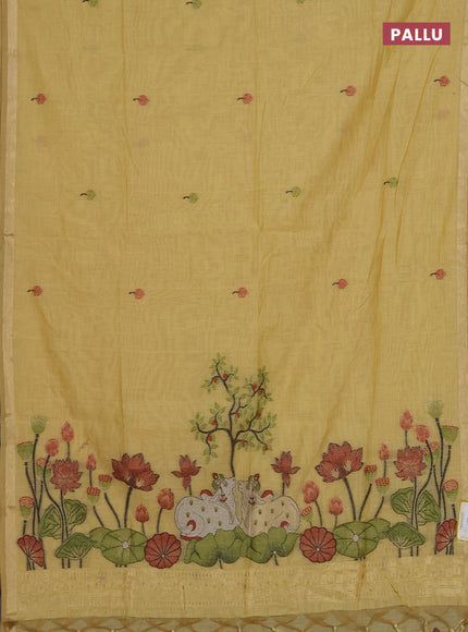 Munga cotton saree pale yellow with thread woven floral buttas and pichwai weaving pallu