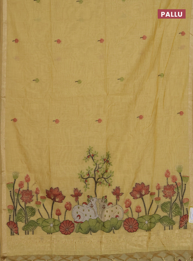 Munga cotton saree pale yellow with thread woven floral buttas and pichwai weaving pallu