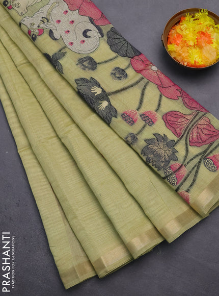 Munga cotton saree pista green with thread woven floral buttas and pichwai weaving pallu
