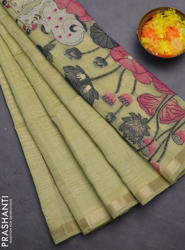 Munga cotton saree pista green with thread woven floral buttas and pichwai weaving pallu