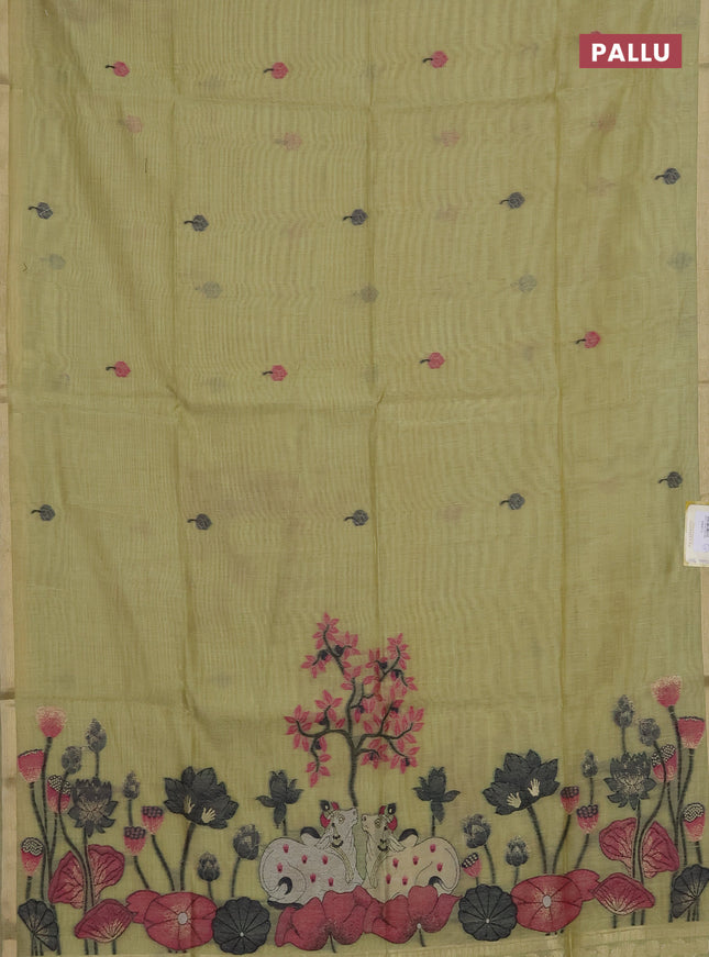 Munga cotton saree pista green with thread woven floral buttas and pichwai weaving pallu
