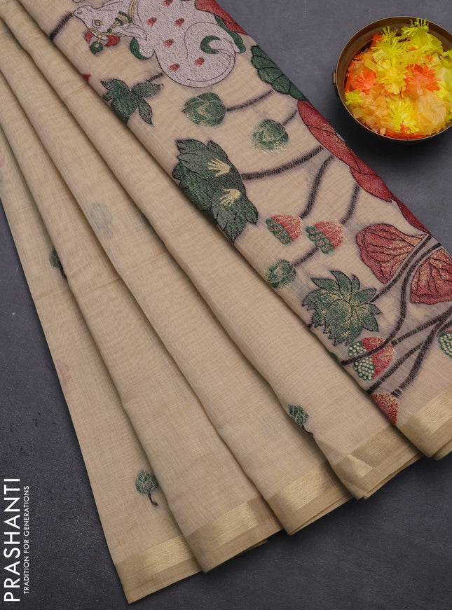 Munga cotton saree sandal with thread woven floral buttas and pichwai weaving pallu