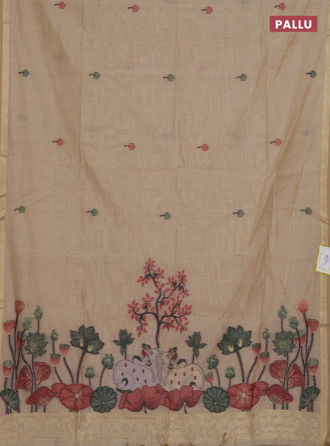 Munga cotton saree sandal with thread woven floral buttas and pichwai weaving pallu