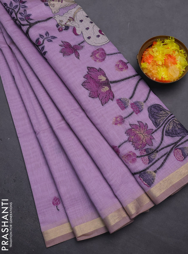 Munga cotton saree lavender with thread woven floral buttas and pichwai weaving pallu