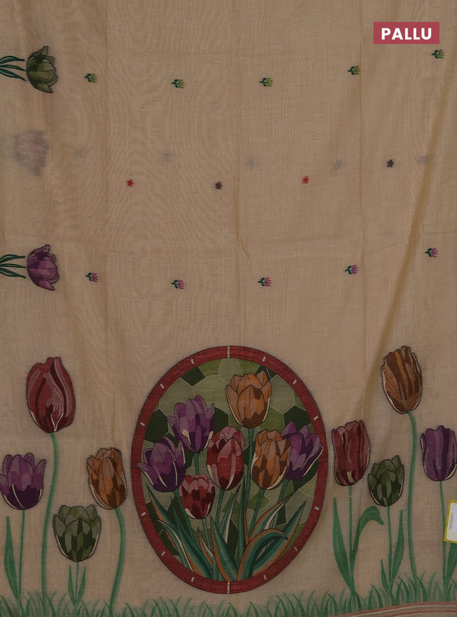 Munga cotton saree beige with thread woven floral buttas and thread weaving pallu