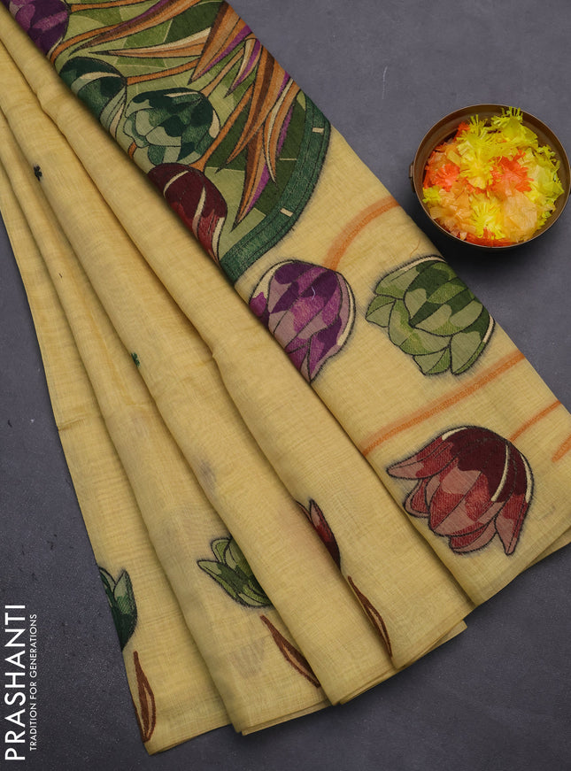 Munga cotton saree yellow with thread woven floral buttas and thread weaving pallu