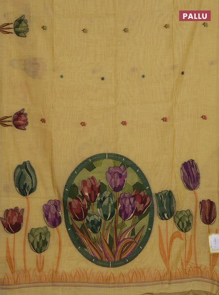 Munga cotton saree yellow with thread woven floral buttas and thread weaving pallu