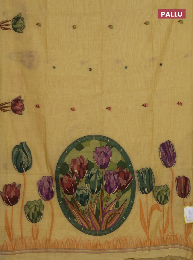 Munga cotton saree yellow with thread woven floral buttas and thread weaving pallu