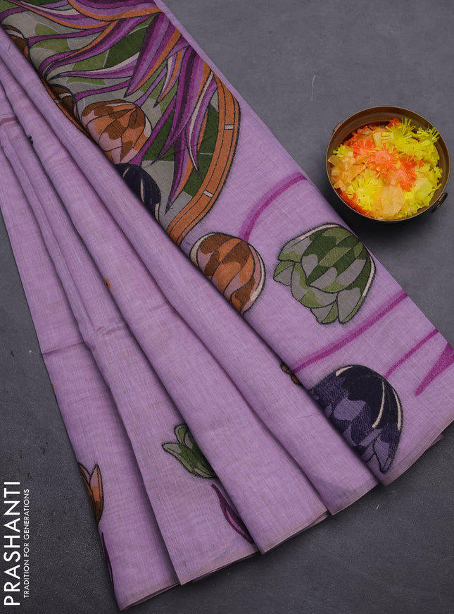 Munga cotton saree lavender with thread woven floral buttas and thread weaving pallu