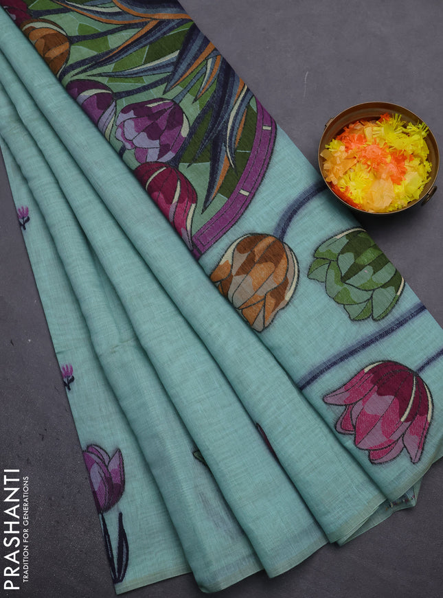 Munga cotton saree teal blue with thread woven floral buttas and thread weaving pallu