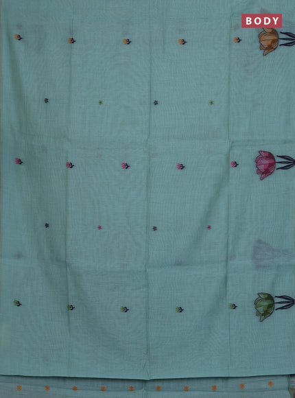 Munga cotton saree teal blue with thread woven floral buttas and thread weaving pallu