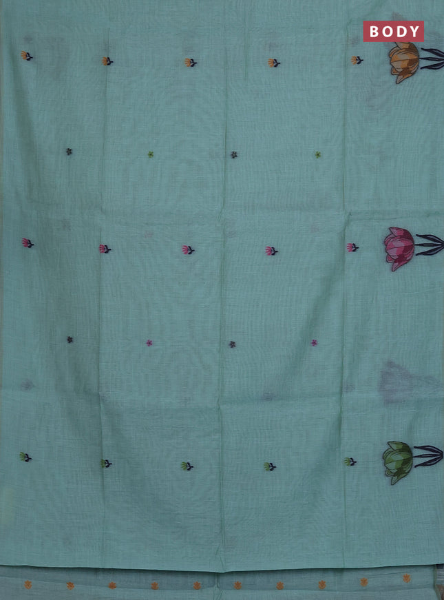 Munga cotton saree teal blue with thread woven floral buttas and thread weaving pallu