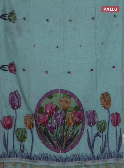 Munga cotton saree teal blue with thread woven floral buttas and thread weaving pallu