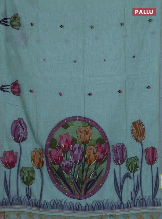 Munga cotton saree teal blue with thread woven floral buttas and thread weaving pallu