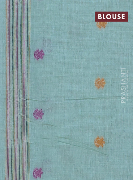Munga cotton saree teal blue with thread woven floral buttas and thread weaving pallu