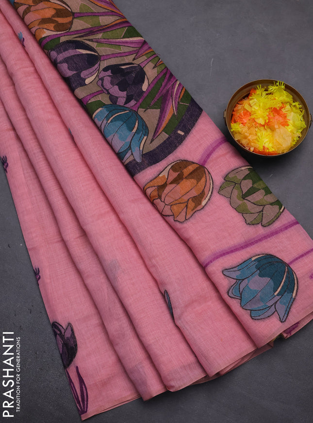 Munga cotton saree peach pink with thread woven floral buttas and thread weaving pallu