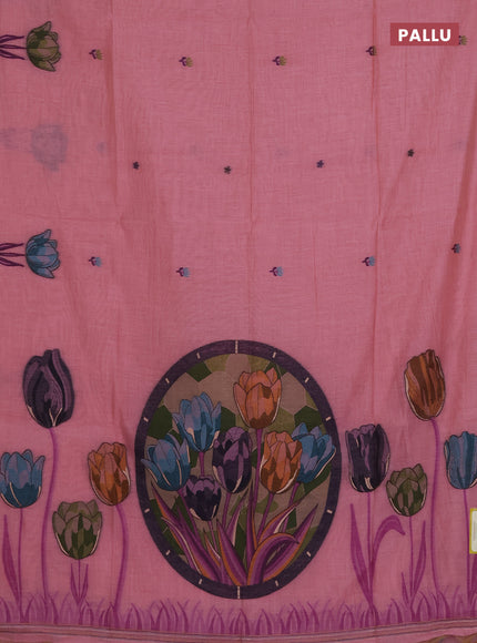 Munga cotton saree peach pink with thread woven floral buttas and thread weaving pallu