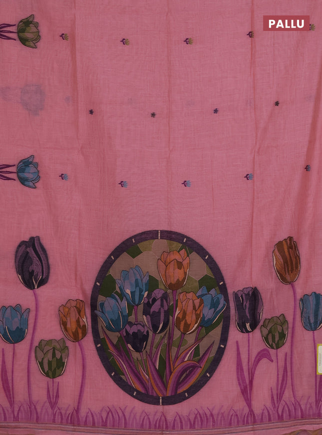 Munga cotton saree peach pink with thread woven floral buttas and thread weaving pallu