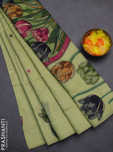 Munga cotton saree pista green with thread woven floral buttas and thread weaving pallu
