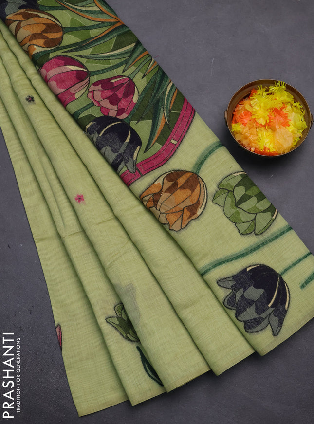 Munga cotton saree pista green with thread woven floral buttas and thread weaving pallu
