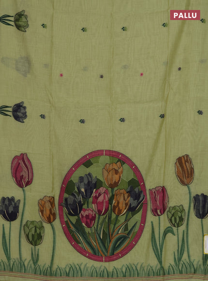 Munga cotton saree pista green with thread woven floral buttas and thread weaving pallu