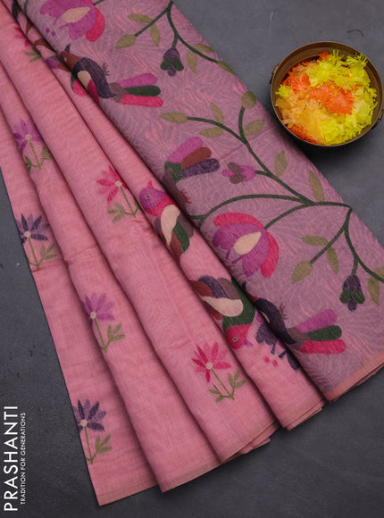Munga cotton saree peach pink with thread woven floral buttas and thread weaving pallu